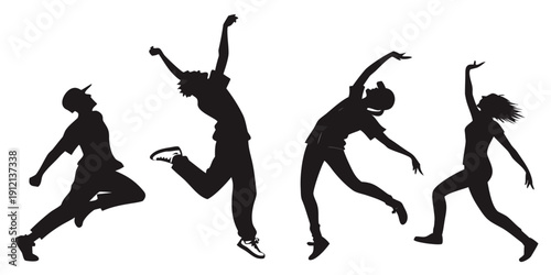 Four silhouettes of dancers in various dynamic poses against a white background Vector