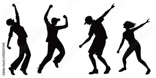 Four silhouettes of people dancing in various poses against a white background Vector
