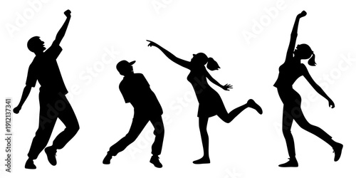 Silhouettes of dancers in various dynamic poses against a white background Vector