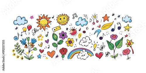 A vibrant and colorful illustration of various animals and plants in a playful and whimsical style Vector