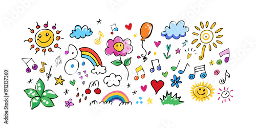 A vibrant and colorful collection of various objects and icons representing different themes and activities. Vector