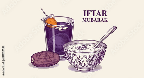 A traditional iftar meal setup featuring dates, a drink, and a bowl of porridge