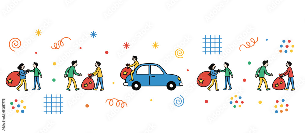 Naklejka premium Couple carrying gift bags from car with colorful patterns around 