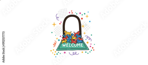 Colorful welcome mat with cartoon animals and festive decorations  