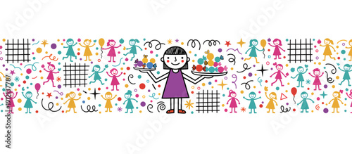Girl holding tray of colorful candies with playful background design  