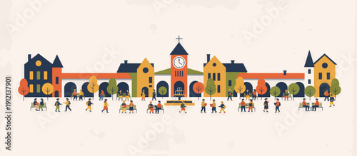 University courtyard illustration with students walking in autumn  