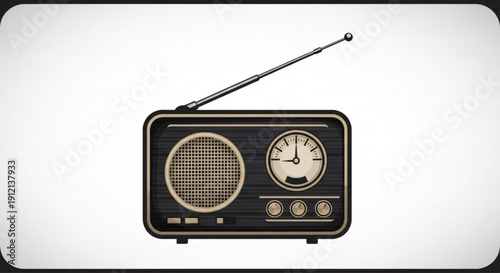 Vintage black and gold radio with antenna on white background nostalgic communication device