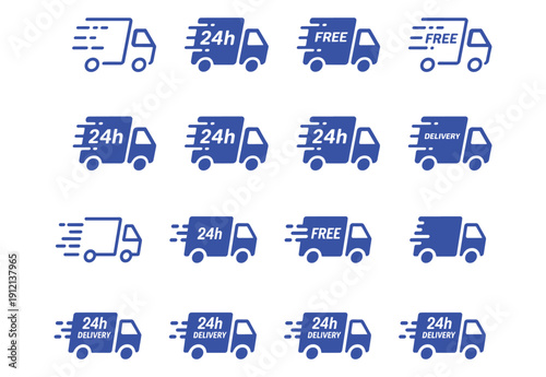 Fast delivery icon set. Free shipping, express delivery, 24 hours, fast van. Truck symbol on white background - stock vector.