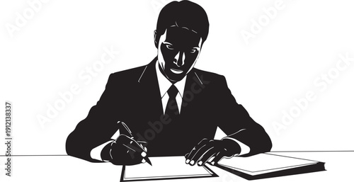 Businessman writing notes silhouette vector illustrating corporate office work signing paper