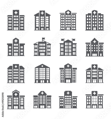 Collection of hospital buildings icons symbolizing healthcare facilities, medical centers, clinics, and architectural designs for treatment and healing