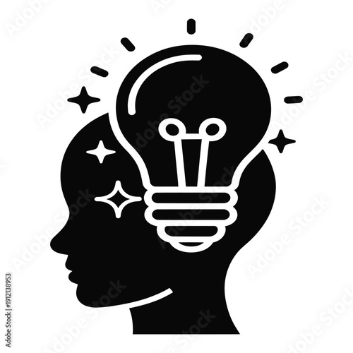 Idea light bulb symbol inside human head silhouette, representing innovation, creativity, intelligence, inspiration, and mental breakthrough or solution