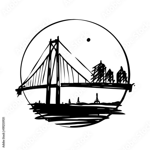 Suspension Bridge at Night, vintage, old, sailing ship, silhouette, summer, sails