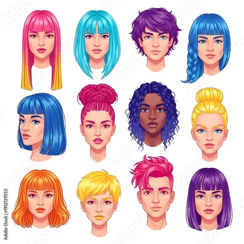 Vibrant cartoon portraits of diverse women with colorful hair styles