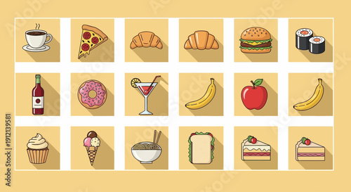 Collage of various food and drink items including fruits, pastries, and desserts on a light orange background from a straightforward viewpoint