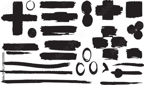 A collection of various black brush strokes and shapes on a white background