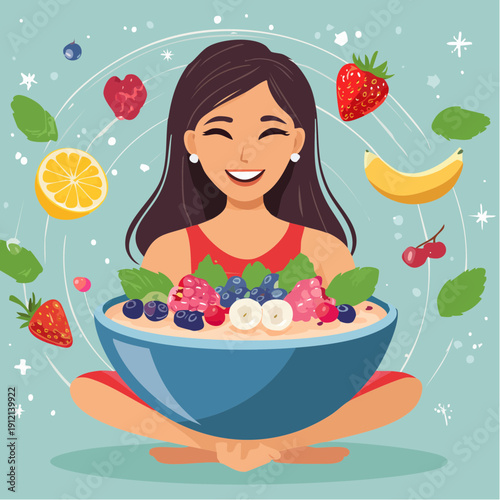 Joyful woman embracing a nutritious breakfast bowl filled with fresh berries and fruits, promoting healthy eating habits and a vibrant lifestyle