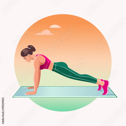 Strong woman performing a plank exercise on a mat, demonstrating core strength and fitness routine in a vibrant, illustrated setting