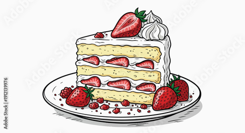 Delicious Strawberry Layer Cake Illustration with Whipped Cream, Hand-Drawn Dessert Art for Bakery Menus and Pâtisserie Branding