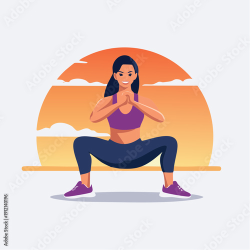 Young woman performing a squat exercise outdoors with a sunset in the background