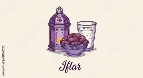 Iftar scene with lantern, dates, and glass of water on a simple background