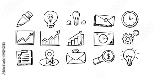 A collection of icons representing various aspects of productivity and business. Vector