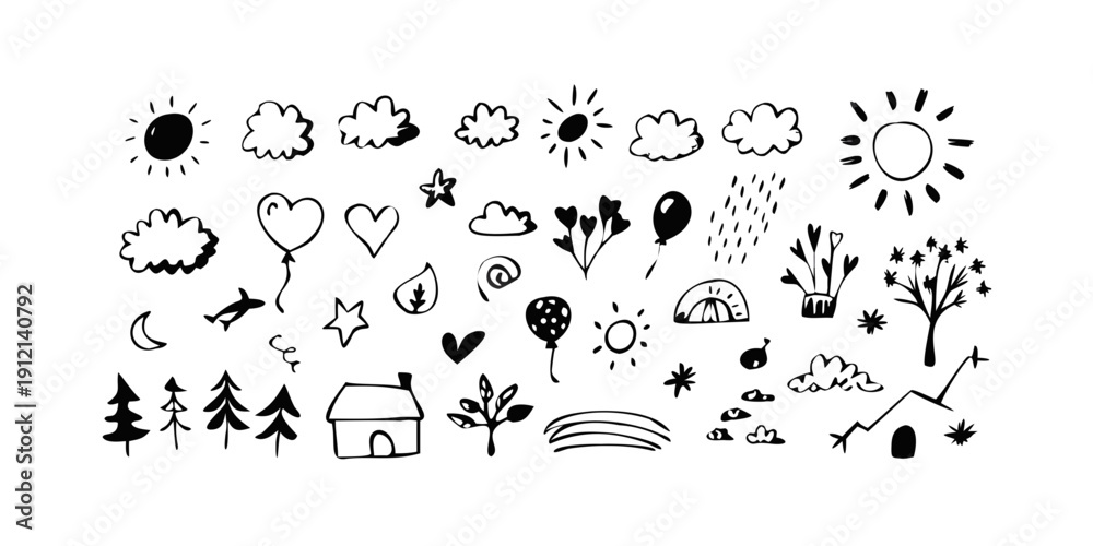 Obraz premium A diverse collection of simple icons representing various objects and concepts Vector