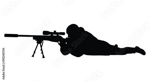 A stark silhouette depicts a prone shooter aiming a high powered sniper rifle with a telescopic sight high quality professional