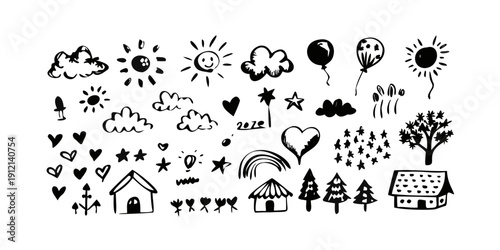 A diverse collection of black and white icons representing various objects and activities. Vector