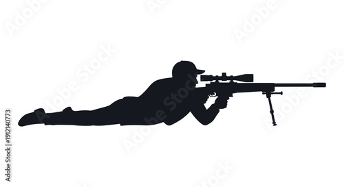 A stark silhouette depicts a prone shooter aiming a long rifle highlighting precision and potentially covert operations high quality