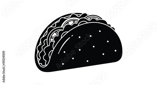 A stylized black and white illustration depicts a classic taco with visible layers of filling and a folded tortilla high quality