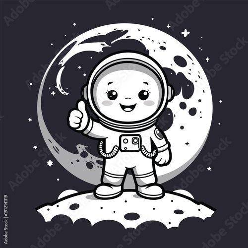 Cute astronaut character standing on moon surface giving thumbs up.