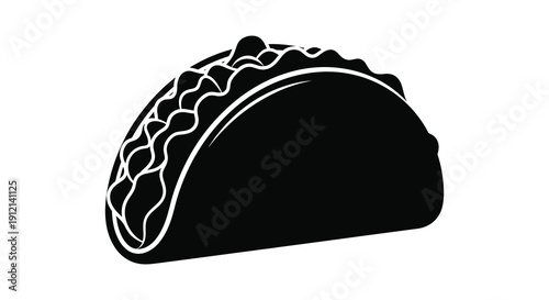 A stark black and white illustration depicts a classic taco with visible fillings showcasing its simple and iconic form high quality
