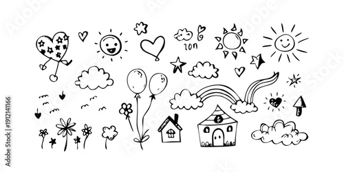 A delightful assortment of whimsical and charming icons in black and white Vector