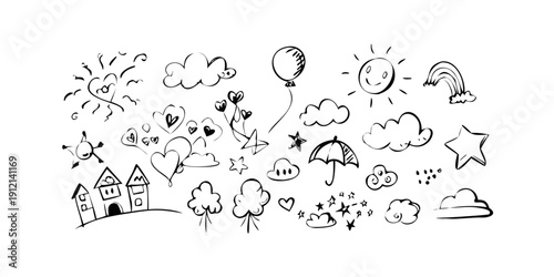 A diverse collection of hand-drawn weather and nature symbols Vector