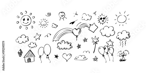 A whimsical illustration of a rainbow fish swimming among clouds and hearts. Vector