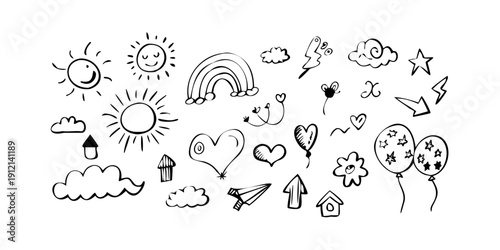 A collection of various hand-drawn weather and nature symbols. Vector