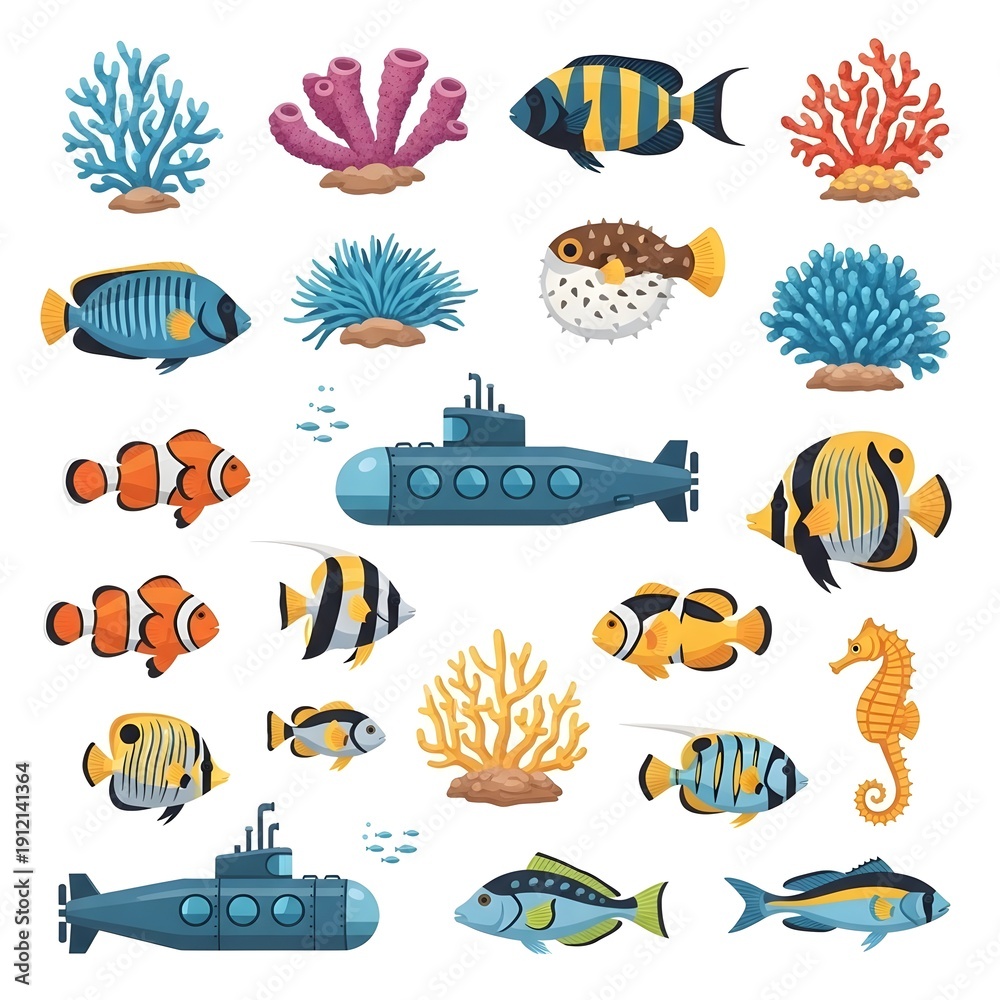 Fototapeta premium Vibrant underwater marine life illustration with colorful fish and sea creatures