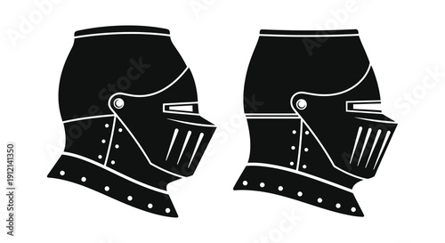 Two black and white illustrations depict medieval knight helmets showcasing their distinctive shapes and protective features in profile