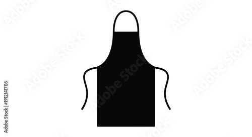 A simple black and white illustration depicts a classic kitchen apron with straps isolated on white high quality professional detailed modern