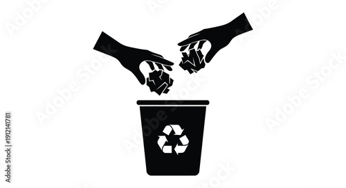 A stark black and white illustration depicts two hands releasing crumpled paper into a recycling bin high quality professional detailed modern