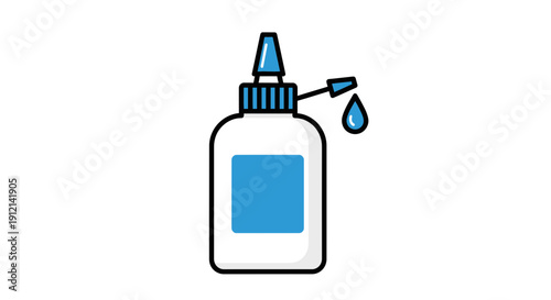A bottle of glue with a drop falling from the nozzle, illustrating a common office supply