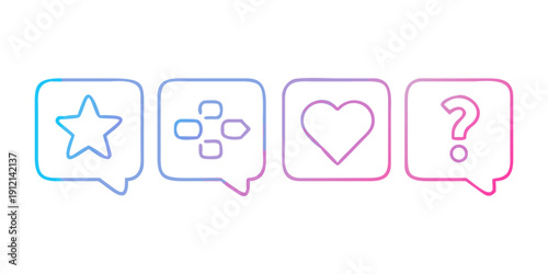 Four speech bubbles with different symbols representing various functions or actions Vector