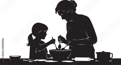 Black silhouette of mother and daughter baking together in kitchen using bowls and spoons on transparent background illustration