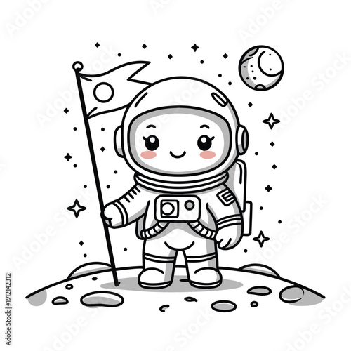 Cute astronaut standing on the moon with a flag.