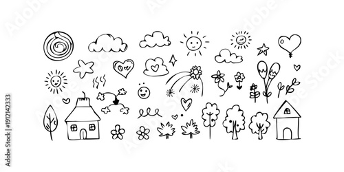 A delightful collection of various icons including hearts, flowers, and weather elements Vector