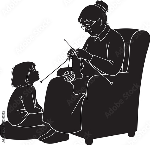 Grandmother knitting in armchair with little girl listening to stories showing generational bond and traditional family values