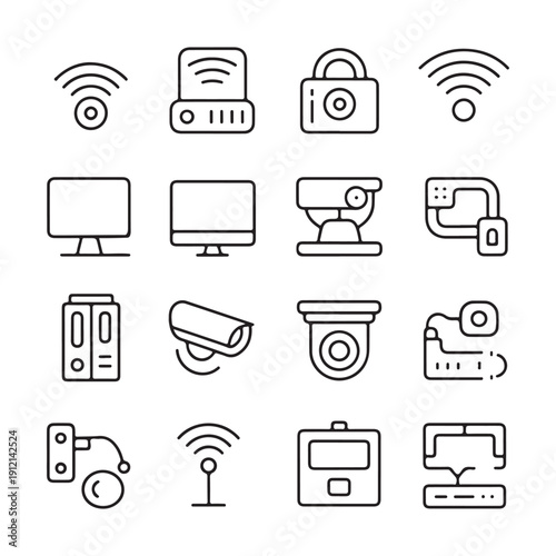 Internet and Network Technology Icon Set with Smart Home and Surveillance