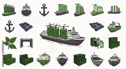 Sustainable Green Shipping and Logistics Icons Collection: Eco-Friendly Maritime Transport, Renewable Energy, and Global Trade Solutions Vector Set