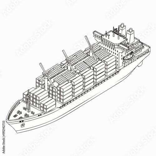 Outline drawing of a large container cargo ship loaded with numerous shipping containers, illustrating global logistics and maritime transport.