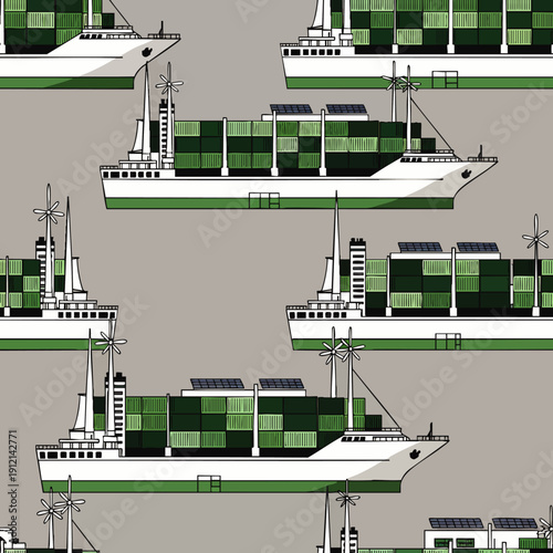 Seamless pattern of sustainable cargo ships carrying green containers, with solar panels and wind turbines. Eco-friendly global logistics concept.